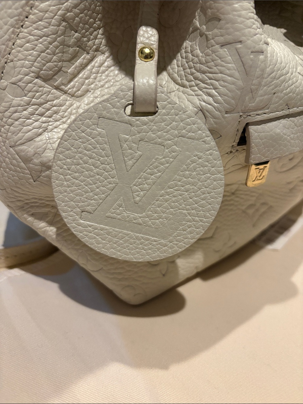 Faux Louis Vuitton Cream Embossed Monogram Drawstring Backpack - Picture 2 of 3